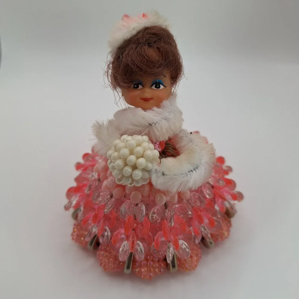 Safety Pin & Bead Handmade Doll Girl Figure Pink Dress Poof‎ Shawl Brunette Updo